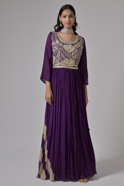 Chinnon Violet Hand Embroidered Gown with Dupatta